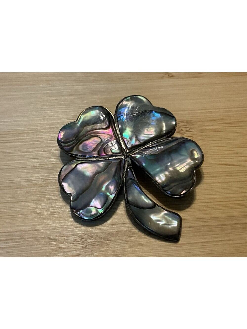 Vintage Mexican 925 Silver & Abalone Lucky 4 Leaf Clover Brooch/Pendant